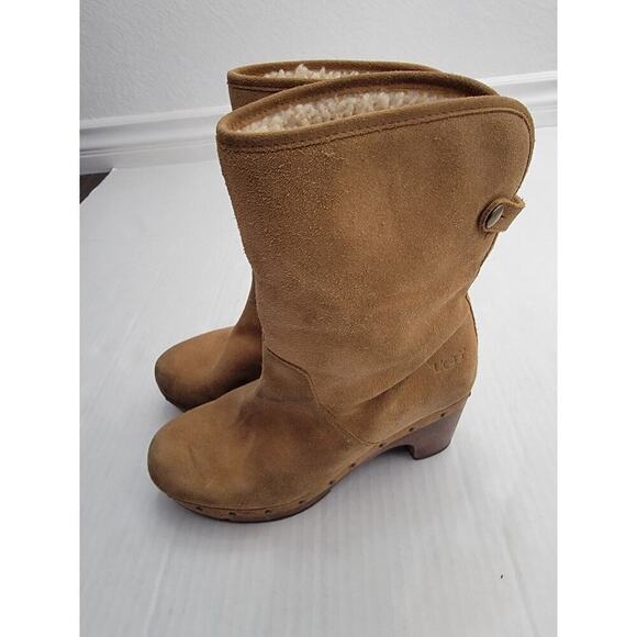 UGG Australia Women's Sz 7 Lynnea Clog Boots Leather Fold Down in Brown - Picture 4 of 11